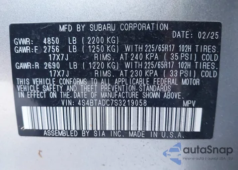 2025 Subaru Outback Premium from USA, damaged, VIN 4S4BTADC7S3219058